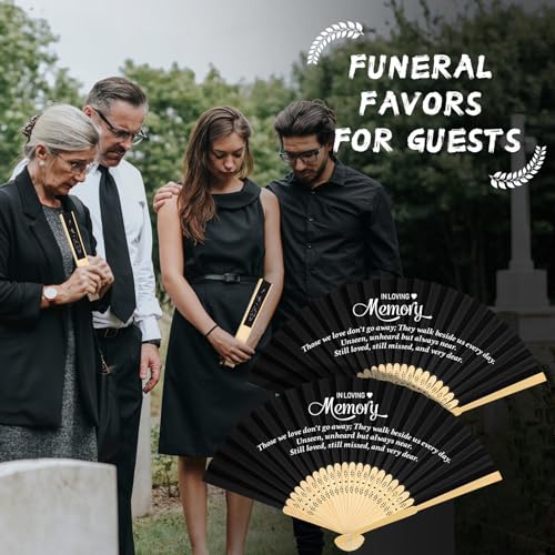 Image of Threehoney 50 Pack Funeral Favors for Guests in Loving Memory Handheld Fans Black Paper Folding Hand Fan Bulk Funeral Gifts for Services Condolence Sympathy Accessories