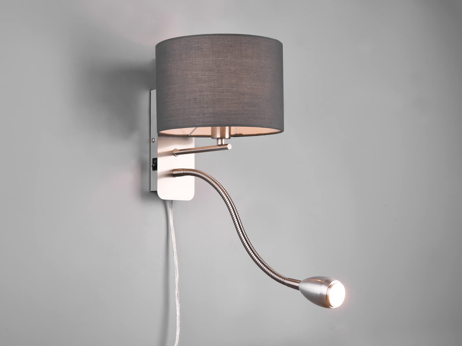 meineWunschleuchte Wandleuchte mit Leselampe, Schalter, Kabel und Stecker, Stoff Lampenschirm Grau, Korpus Metall Silber, Höhe 23,5cm inkl. stufenweise dimmbarem E14 Leuchtmittel