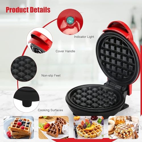 Image of Holstein Mini Waffle Maker Machine 3 In 1 Waffle Iron Home Appliances Kitchen Easy To Clean, 4 Inch, Perfect For Breakfast, Dessert, Sandwich, Pan Cakes, Other Snacks|Assorted - 350 Watts (Red)