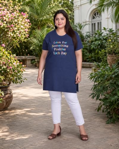 Image of In Love Women Cotton Regular Fit Plus Size Long-Line Chest Print T-Shirt with Pocket