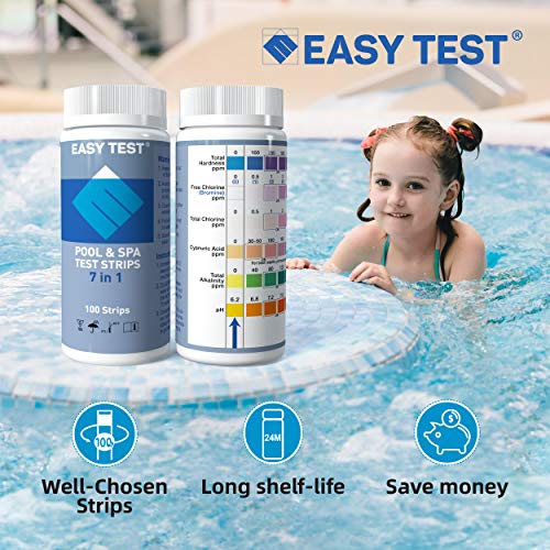 EASYTEST 7in1 Pool Test Strips (100+50pcs) for Pool, SPA and Hot Tub, Water Testing, Fast Testing for Free Chlorine,Total Chlorine,Bromine,Total Hardness,Total Alkalinity, Cyanuric Acid and pH testing