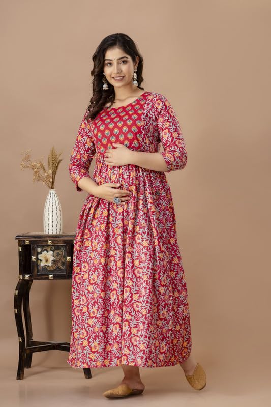 Image of Women's Pure Cotton Printed Maternity Gown /Maternity wear /Feeding Gown A-line Maternity Feeding Dress Maternity Kurti Gown for Women