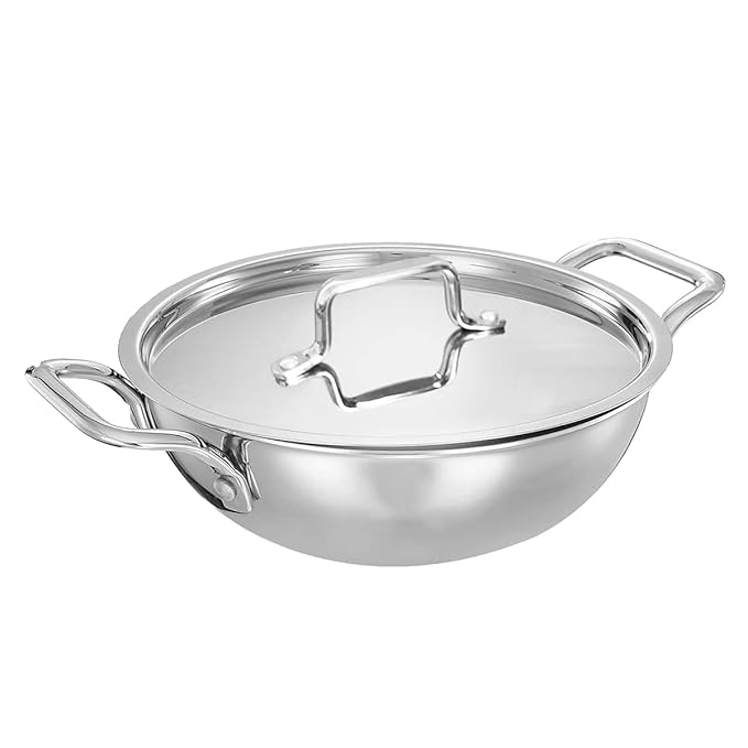 Inalsa Cookware Platinum Triply Kadhai with Lid-24cm, 3.2L| Induction Friendly, (Silver), Small (Kadhai 24 cm)