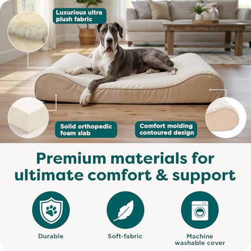 Image of FurHaven Orthopedic Dog Bed for Large Dogs, Luxe Lounger Contour Mattress with Solid Orthopedic Foam Slab for Joint Support, Removable Washable Cover - Jumbo Plus XXL, Plush Suede, Cream