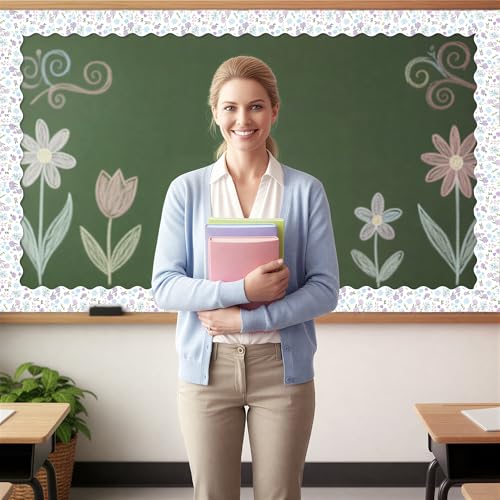 Image of BeYumi Spring Wildflowers Border Trim - 65ft Spring White Wildflowers Scalloped Rolled Border Trim Daisy Flower White Wild Floral Bulletin Board Set School Classroom Chalkboard Springtime Party Decor