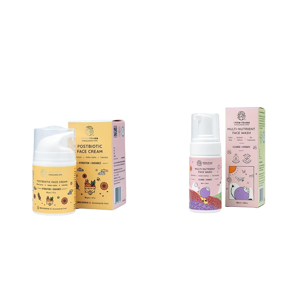 Little Rituals Baby Post-Biotic Face Cream Moisturiser with Jojoba, Calendula - 50 g and Multi-Nutrient Foaming Face Wash for Babies & Kids with Indian Rose & Kashmiri Saffron - 100 ml