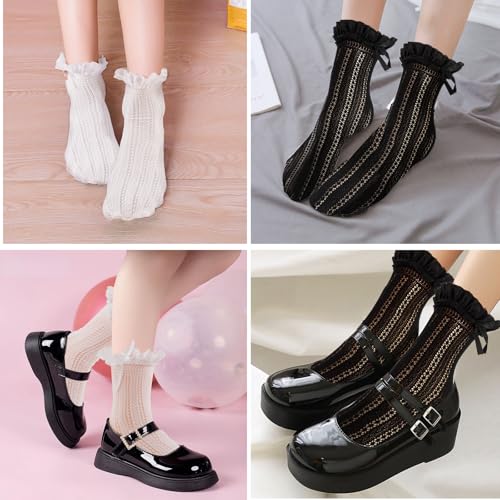 Image of Womens Lace Ankle Ruffle Socks - Lace Ruffle Frilly Mesh Cute Princess Ankle Dress Lace Bow Lace Socks for Girl,2 Pack