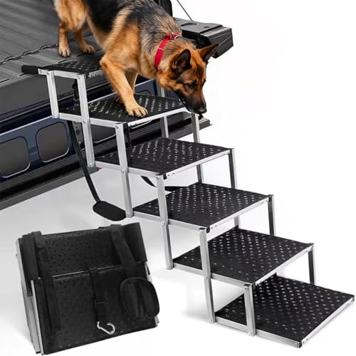 Hundetreppe Auto, 6 Stufen Hunderampe Auto Klappbar bis 85kg, für Große Hunde & ältere Tiere, Hundeleiter Aluminium 80cm Hoch, Für Lastwagen und SUV