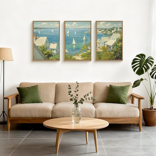 BICERE Large Coastal Sailboat Framed Canvas Wall Art Set,Summer Seascape Wall Decor,Nautical Blue Ocean Art Prints,Nature Beach Artwork for Living Room,Bedroom,Dining Room,Office-24 x36 x3 - Image 2