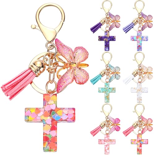 Image of Sureio Cross Butterfly bag charm Keychains for Women Christian Resin Keychain Bulk for women Gift Backpack Purse Wallet Bag