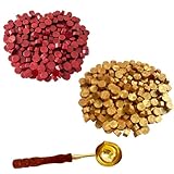 BJOYEE 400 Stück Siegelwachs, Siegelwachs Perlen mit 1 Schmelzlöffel, achteckiges Wachssiegel-Set für Stempel, für Einladungen/Umschläge/Karten/Weinpakete/Geschenkverpackungen(Rot+Gold)