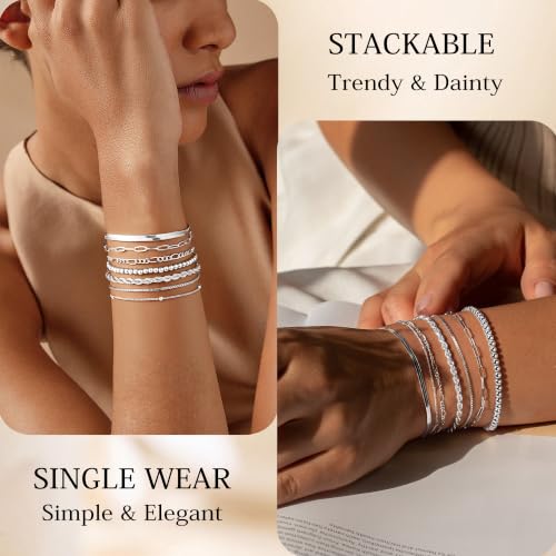 M MOOHAM Silver Plated Bracelets for Women, Silver Beaded Bracelet Stack - image 3