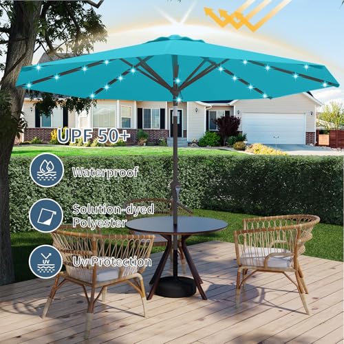 Image of 9FT Patio Umbrella with Solar Lights,Outdoor Market Umbrella with Tilt and Crank, LED Lighted Table Umbrella for Garden,Deck,Backyard,Pool,Beach (Light Blue)