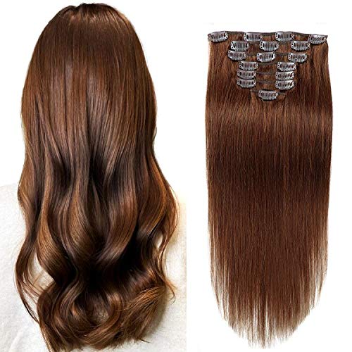 Clip In Human Hair Extensions for Women 14 inch 8 Pcs 100g Brown Remy Clip In Hair Extensions Straight Full Head Hair Extensions Real Human Hair Clip Ins