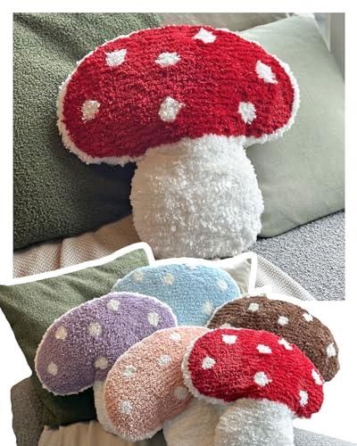 Image of Dreamstall Mushroom Throw Pillow Tufted Shape Decorative Cushion 15” x 15” – Decor for Bed, Couch, Living Room (Red)