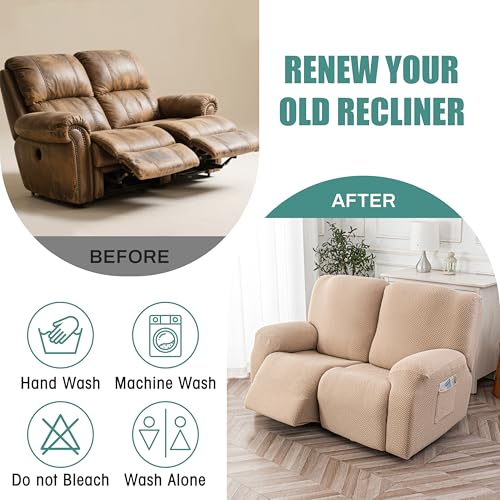 Image of Genina Recliner Loveseat Cover Stretch Couch Covers Sofa slipcover for 2 Seat Reclining Couch Thick Jacquard Furniture Protector (Khaki)