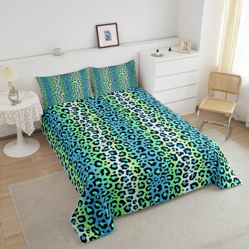 Image of Feelyou Leopard Bedding Set Blue Green Cheetah Print Comforter Safari Comforter Set for Kids Boys Girls Animal Fur Print Duvet Set Kids Room Decor with 2 Pillow Case