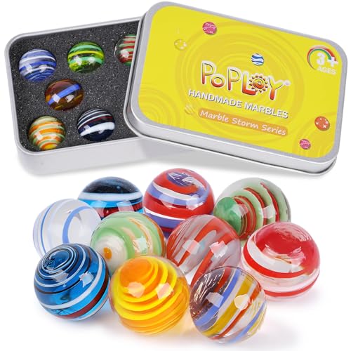 POPLAY 10PCS Glass Marbles Bulk, Colorful Glass Marbles in Tinplate Box Handmade Glass Marbles for Collectors Kids Birthday Gifts Home Decoration