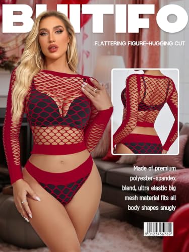 Buitifo Damen Dessous-Sets Sexy Lingerie Fischnetz Sexy Bodys Nachtwäsche(dunkelrot WG,Einheitsgröße)
