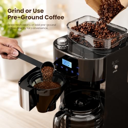 Image of Kismile 10-Cup Digital Drip Coffee Maker with Built-In Grinder, Programmable, 24H Timer, Keep-Warm Function, Customizable Strength & Grind Size, Coffee Machines with Smart LED Touchscreen