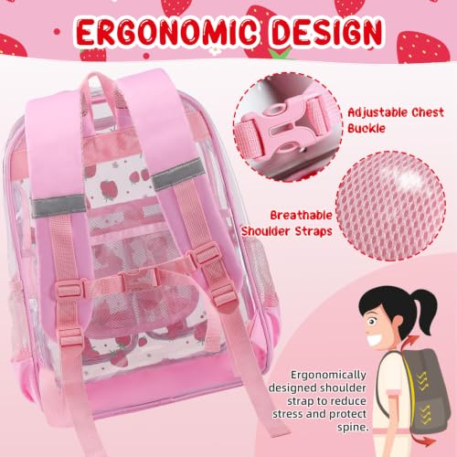 Image of Three-layer Clear Backpack, Heavy Duty Clear Bookbag for Kids, See Through Backpack Transparent Bag for Girls Boys (Strawberry PVC)