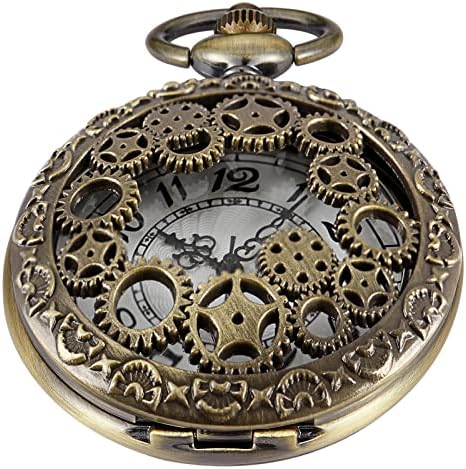 Whodoit Hollow Gear Quartz Pocket Watch, Vintage Bronze Necklace Pendant Clock Chain(CF109)