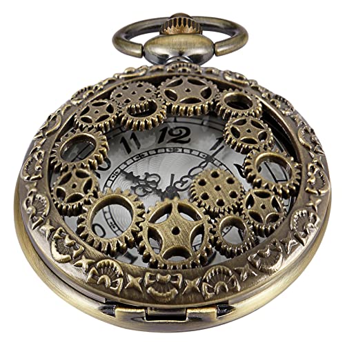 Whodoit Hollow Gear Quartz Pocket Watch, Vintage Bronze Necklace Pendant
