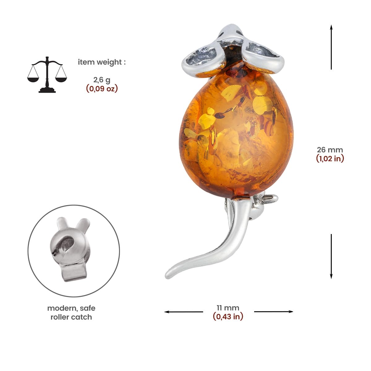 Damen Silberne Brosche Maus mit Bernstein, Poliertes Sterling Silber, Baltischer Bernstein in Cognac Farbe