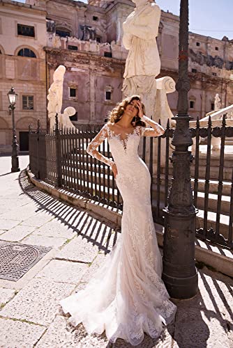 Stylefun Women's Mermaid Wedding Dresses With Detachable Train Long Sleeves Lace Beach Summer Bridal Gowns White 4 #TOP2