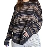 Women Vintage Striped Pullover Sweater Y2k Long Sleeve Crew Neck Loose Knit Sweaters Fall Winter Knitwear (Brown, M)