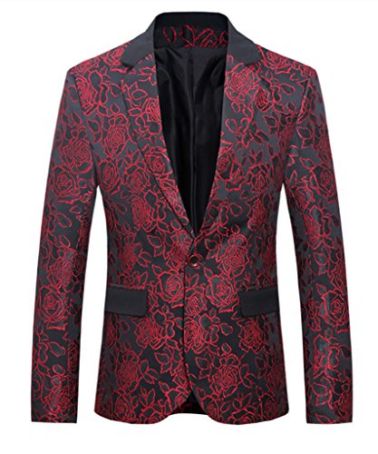 MOGU Mens 1 Button Floral Cotton Blazer Sport Coat Jacket US Size 42 Red