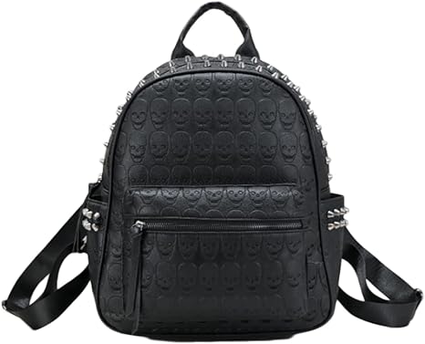 Women Punk Rivets Backpack Skull Printed Daypack Purse PU Leather Shoulder Bags Satchel Black