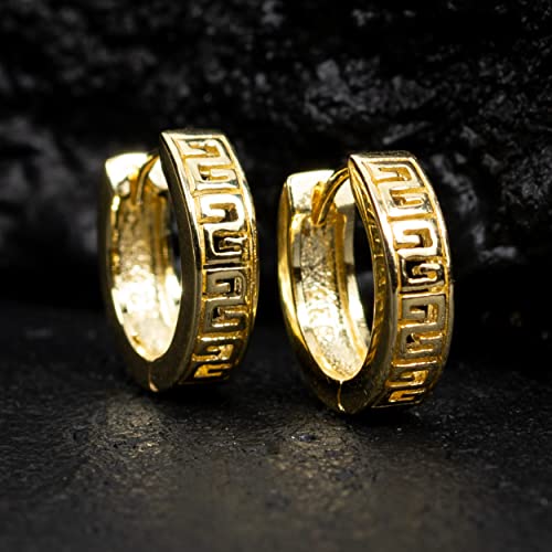 Men's Women's Trendy Small Solid 14K Yellow Gold 925 Sterling Silver Hypoallergenic Unisex Greek Key Pattern Huggie Hoop Earrings Jewelry Gifts for Men Women2