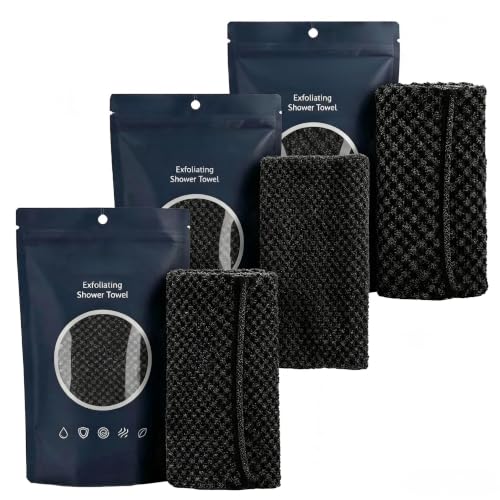 YUNTA Exfoliating Shower Towel-YUNTA Silver Towel-Scrubber Quick Dry for Daily Shower (Black 3PC)