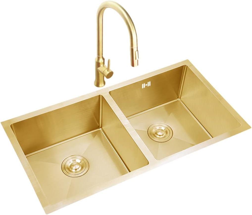 Stainless Steel Kitchen Sink s, with Pull-Out Faucet, Golden Double Bowl Bar Prep, Drop-In or Undermount Installation, Brushed Steel, Easy to Clean (Color : Gold, Size : 75x40cm)