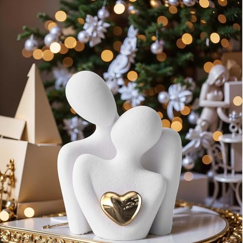 Hugging Romantic Couple Figurine with Golden Heart for Home Decor...