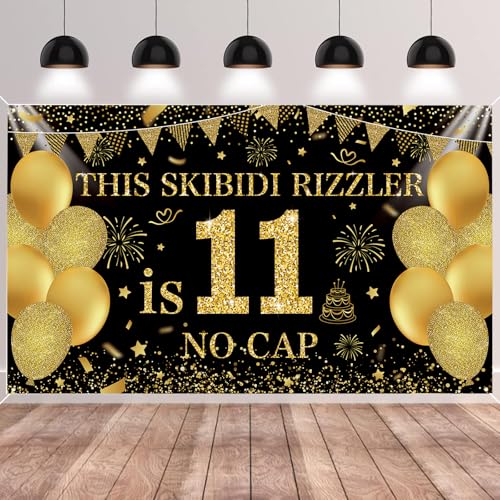 Image of Black Gold This Skibidi Rizzler is 11 No Cap Happy Birthday Backdrop Banner Photography Background Decorations for Boys Girls 11th Year Bday Party Accessories Supplies 72.8 * 43.3in