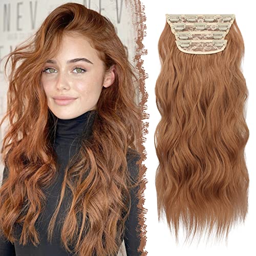 FESHFEN Clip in Hair Extensions 4PCS Auburn Brown Thick Highlight Hairpieces Long Wavy Clip in Hair Piece Full Head Synthetic Fiber Hair Extensions for Women 20 Inches 180g