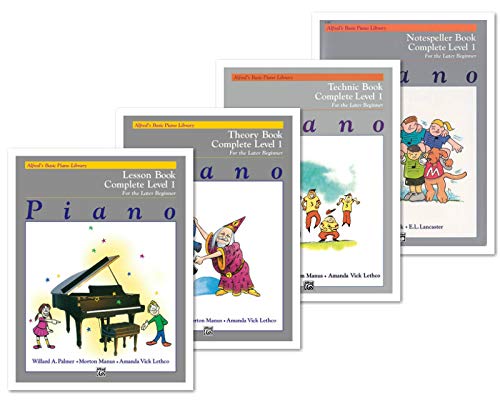 NEW SET! Alfred's Basic Piano Library: Complete Level 1 For the Later Beginner Books Set (4 Books) - Lesson Book, Theory Book, Technic Book, Notespeller Book