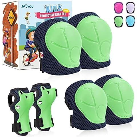 KUYOU Kids Knee Pads with Gift Box,6 in 1 Protective Gear Set with Elbow Pads,Wrist Guard for Cycling Skateboard Roller Skating Scooter Bike BMX Ski Sports Boys Girls Youth (Green+Blue) Cover