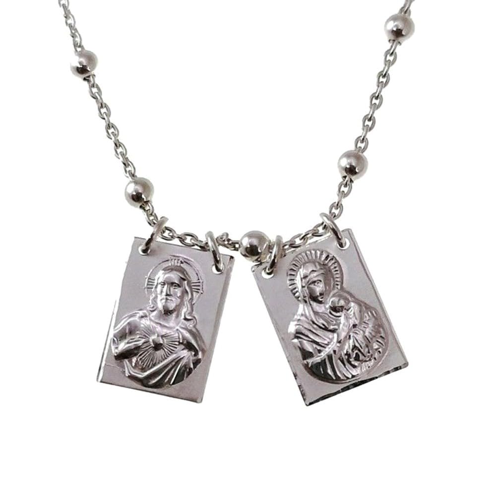 Virgen del Perpetuo Socorro Sagrado Corazón de Jesús Escapulario Collar Plata Ley 925m unisex 41cm. cadena