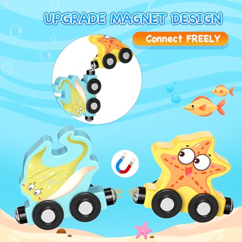 image for Zeoddler Toys for Toddlers, 11 Magnetic Wooden Sea Animals Train Set, 
