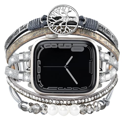 Boho Beaded Bracelet for Apple Watch Band 46mm 40mm 38mm 41mm 44mm 42mm 45mm Women, Bling Handmade Multilayer Leather Wrap Strap Accessories for iWatch Bands SE Series 10 9 8 7 6 5 4 3 2 1