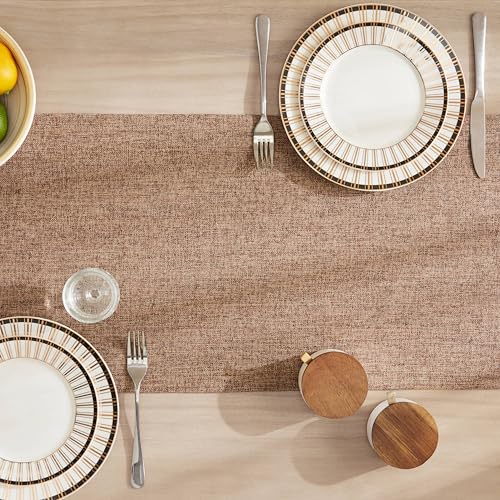 Image of ZeeMart Burlap Style Farmhouse Table Runners 90 Inches Long, Brown Rustic Woven Coffee Table Runner for Everyday Use, 14x90 Inches, Brown
