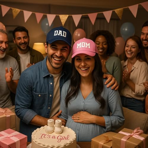 Image of ncgifts Mom Dad Cap Set - Pregnancy Maternity Photo Shoot Prop Cap Combo | for Photoshoot | Navy Blue & Pink (Pack of 2)