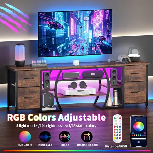 LED TV Stand for 65, 70, 80 Inch TV,71 Inch Industrial Entertainment Center with Power Outlets,Media Console Table with Open Storage Shelves & Fabric Drawers for Living Room Bedroom,Rusti Brown - Image 4