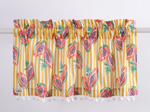 Image of Ravaiyaa - Attitude is everything Hand Printed Half Window Kitchen Curtain 100% Cotton Short Drapery Valance Curtain 40 inch X 18 inch Inch (Yellow White Striped & Papaya)