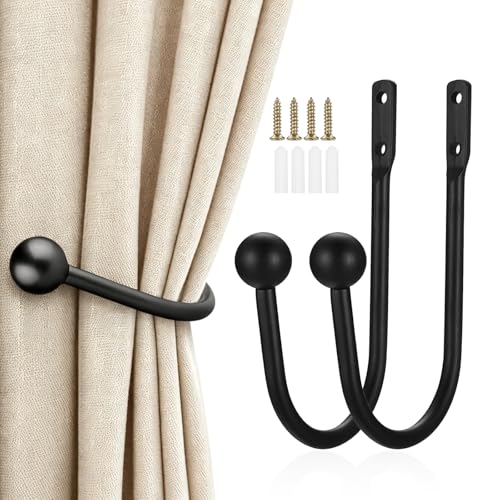 XxinXrong Metal Curtain Holdbacks 2 Pcs Curtain Drapery Holdbacks Curtain Tieback Hooks Wall Mounted Window Curtain Holder Hooks Drapery Holdbacks for Fixed Curtain or Hanging Items (Black)