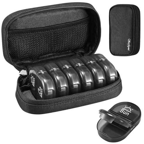 Image of Serfeymi Weekly Travel Pill Organizer 2 Times A Day AM PM Upgraded Black Pill Box 7 Day with Portable Zipper Canvas Pill Case, Medicine Organizer for Pills, Vitamins, Supplements, Fish Oils - Black 01