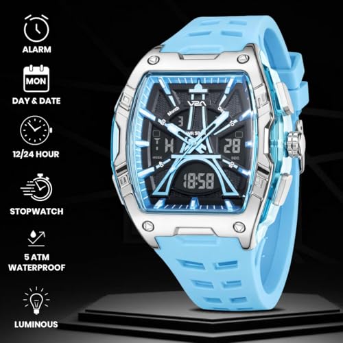 Image of V2A Impact 48mm Analog Digital Watch for Men | 3D Tower Dial Design | Alarm Stopwatch Day Date 12 /24 Hr | TPU Strap | 50M Water Resistant | Gift for Mens